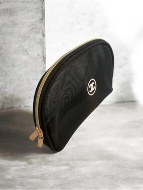 CHANEL Black Cosmetic Zip Pouch with Gold Accents